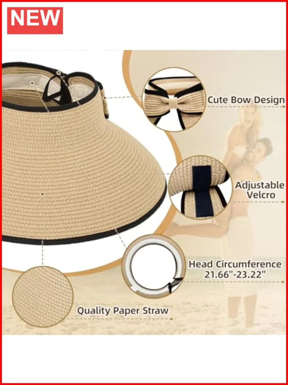 Wide Brim Straw Sun Visor Hat UPF 50+ Foldable Packable Ponytail Beach